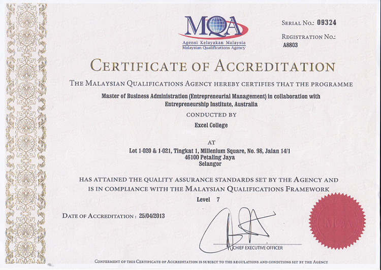 MBA MQA Full Accreditation Certificate English